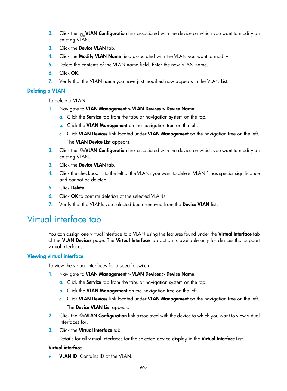 Deleting a vlan, Virtual interface tab, Viewing virtual interface | H3C Technologies H3C Intelligent Management Center User Manual | Page 981 / 1065