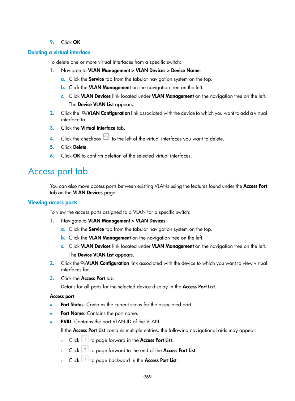 Deleting a virtual interface, Access port tab, Viewing access ports | H3C Technologies H3C Intelligent Management Center User Manual | Page 983 / 1065