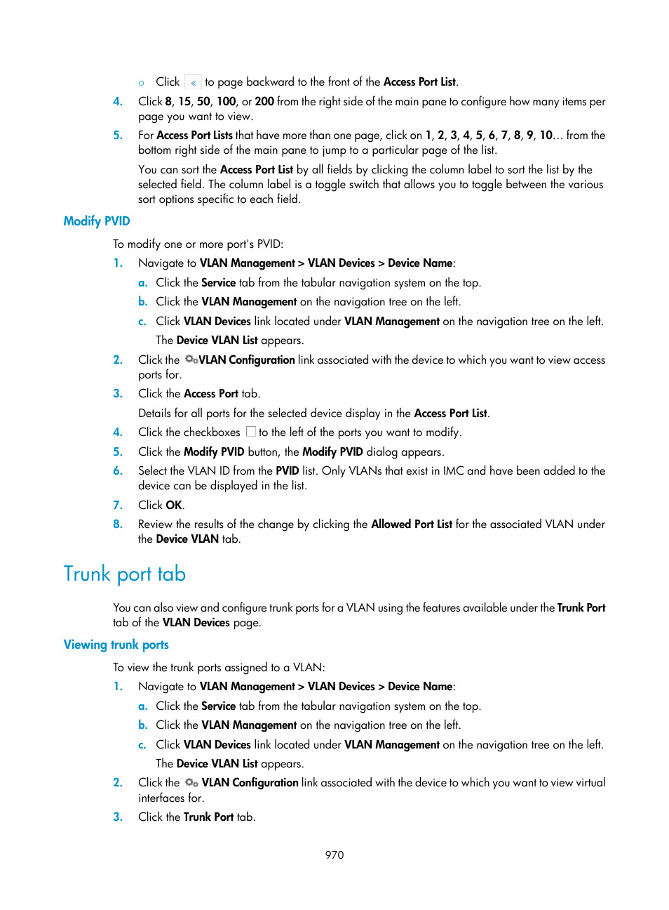 Modify pvid, Trunk port tab, Viewing trunk ports | H3C Technologies H3C Intelligent Management Center User Manual | Page 984 / 1065