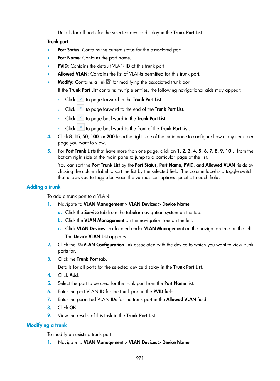 Adding a trunk, Modifying a trunk | H3C Technologies H3C Intelligent Management Center User Manual | Page 985 / 1065