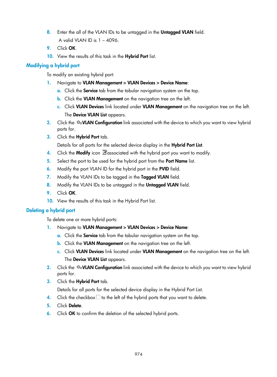 Modifying a hybrid port, Deleting a hybrid port | H3C Technologies H3C Intelligent Management Center User Manual | Page 988 / 1065