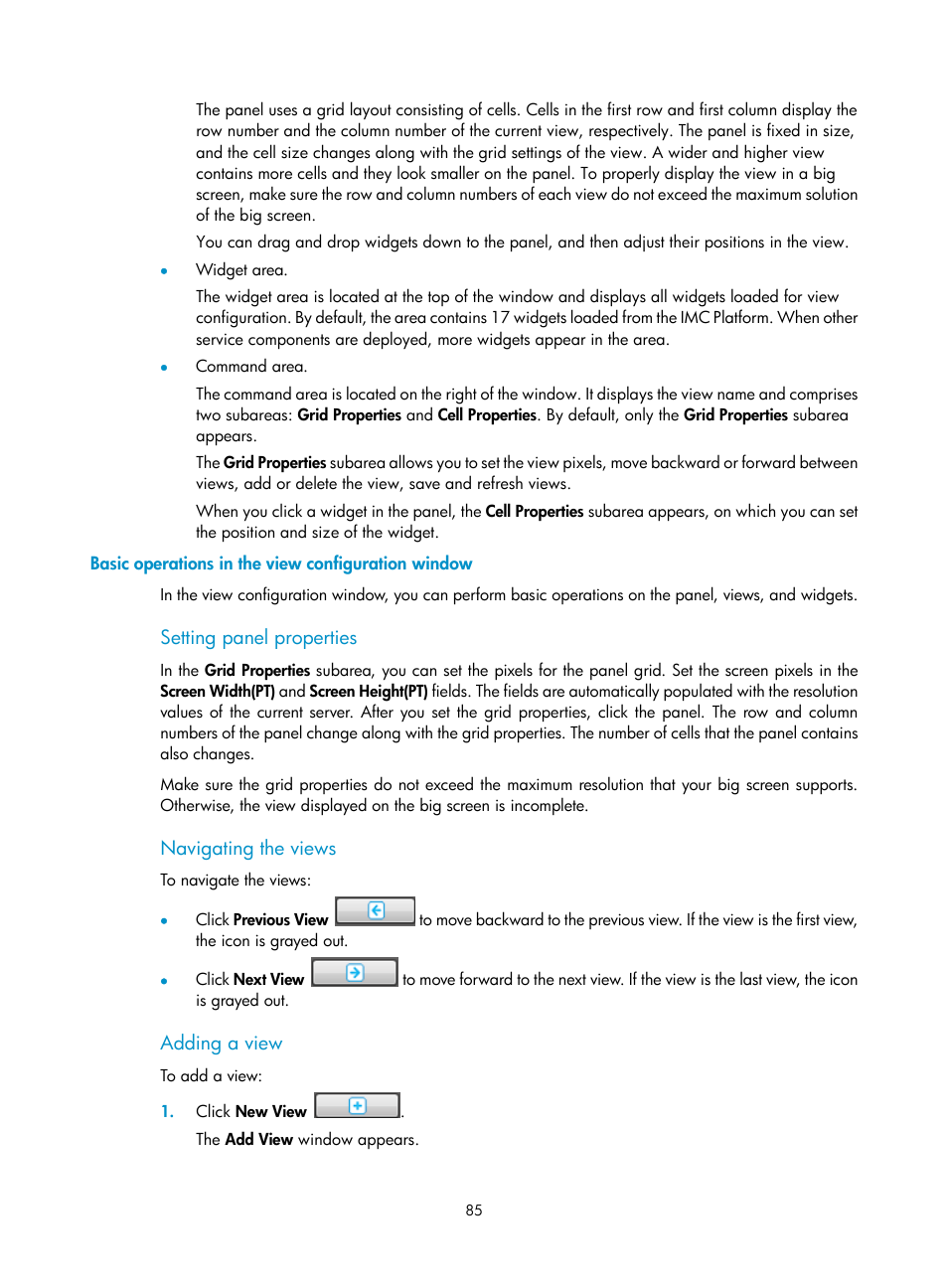 Basic operations in the view configuration window, Setting panel properties, Navigating the views | Adding a view | H3C Technologies H3C Intelligent Management Center User Manual | Page 99 / 1065