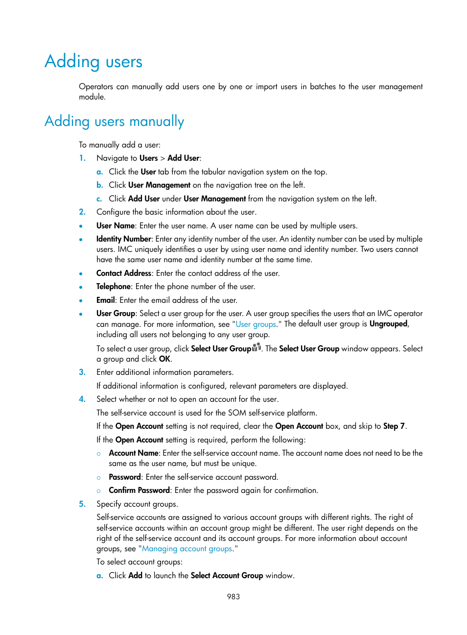 Adding users, Adding users manually | H3C Technologies H3C Intelligent Management Center User Manual | Page 997 / 1065