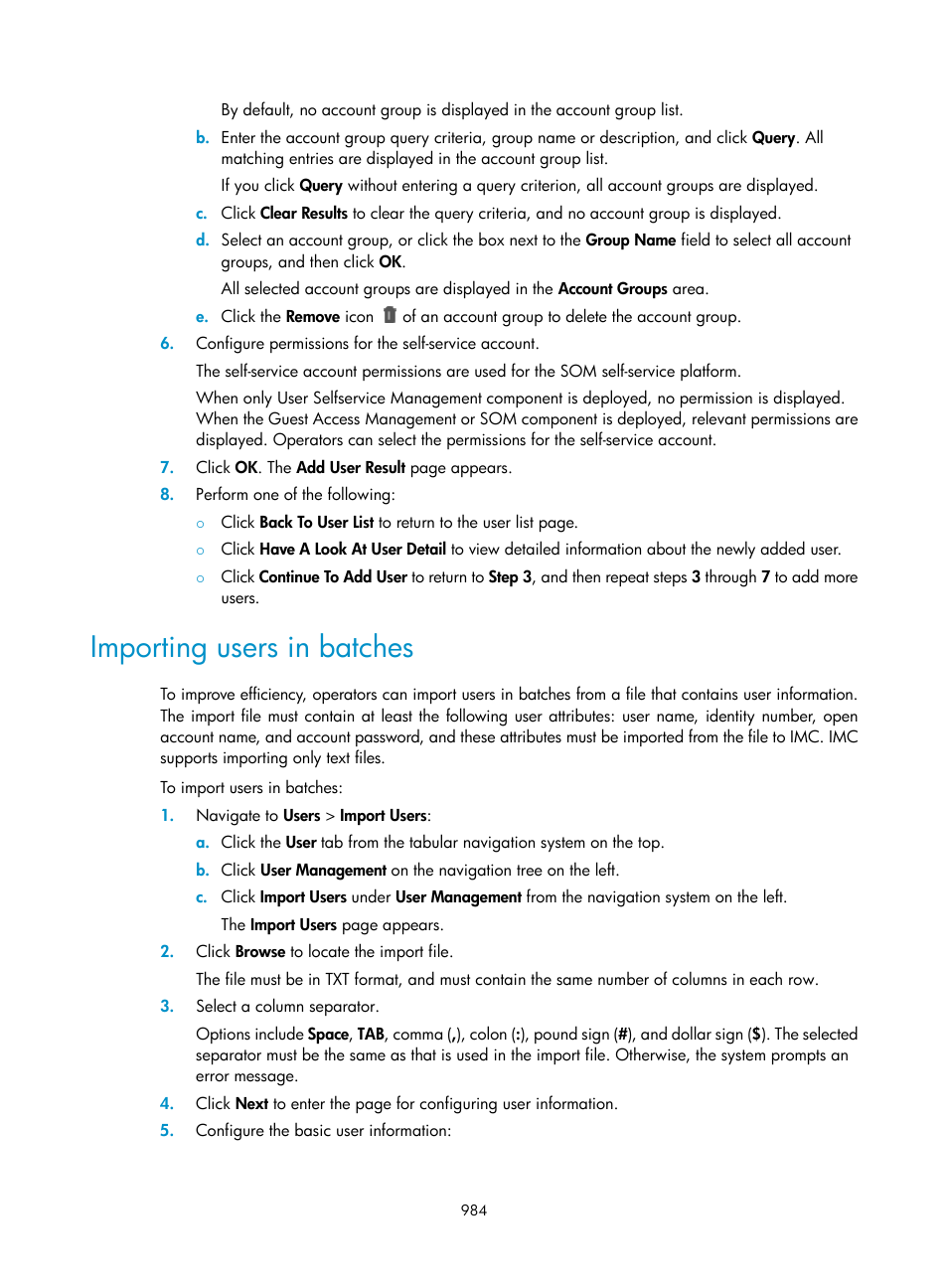 Importing users in batches | H3C Technologies H3C Intelligent Management Center User Manual | Page 998 / 1065