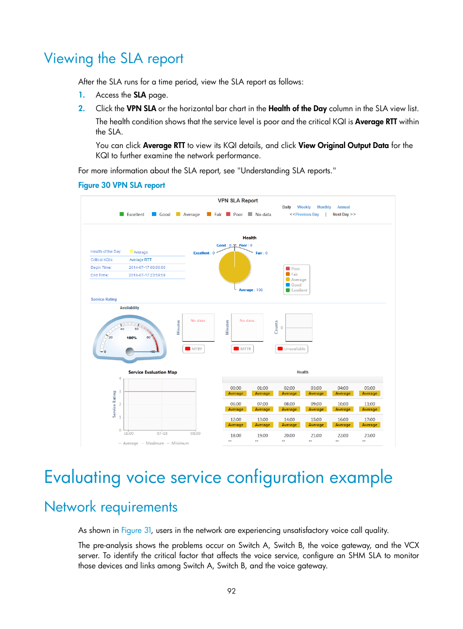 Viewing the sla report, Evaluating voice service configuration example, Network requirements | H3C Technologies H3C Intelligent Management Center User Manual | Page 101 / 136