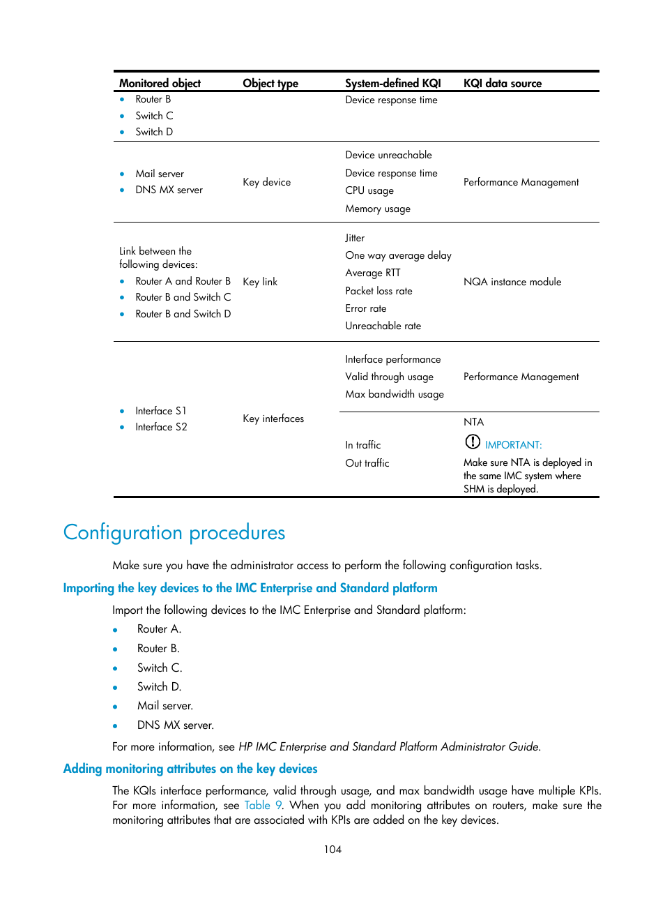Configuration procedures, Adding monitoring attributes on the key devices | H3C Technologies H3C Intelligent Management Center User Manual | Page 113 / 136