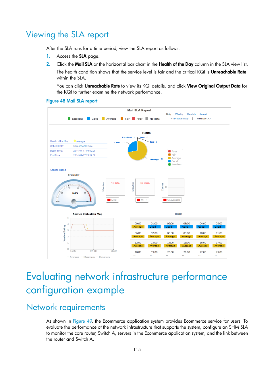 Viewing the sla report, Network requirements | H3C Technologies H3C Intelligent Management Center User Manual | Page 124 / 136