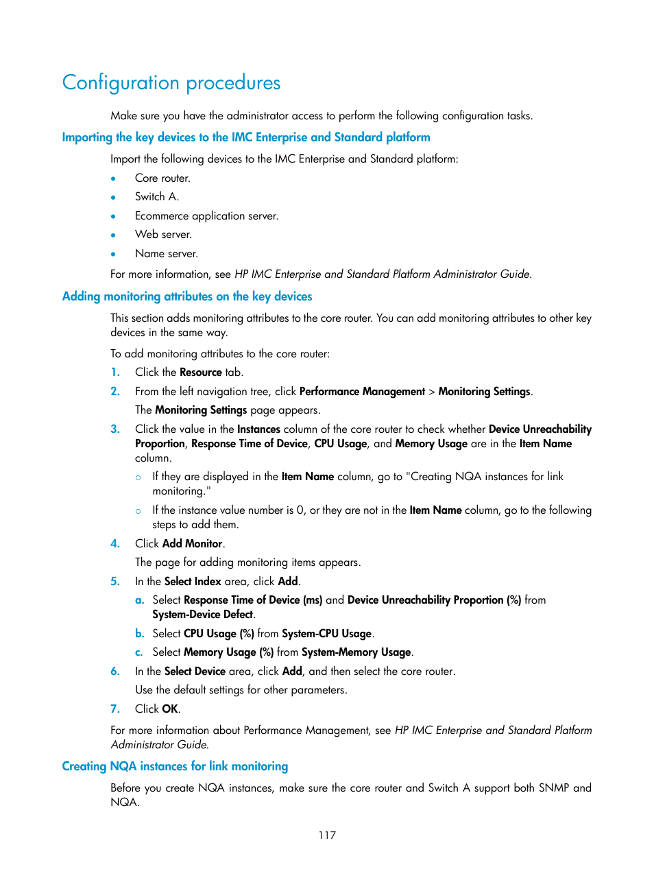 Configuration procedures, Adding monitoring attributes on the key devices, Creating nqa instances for link monitoring | H3C Technologies H3C Intelligent Management Center User Manual | Page 126 / 136