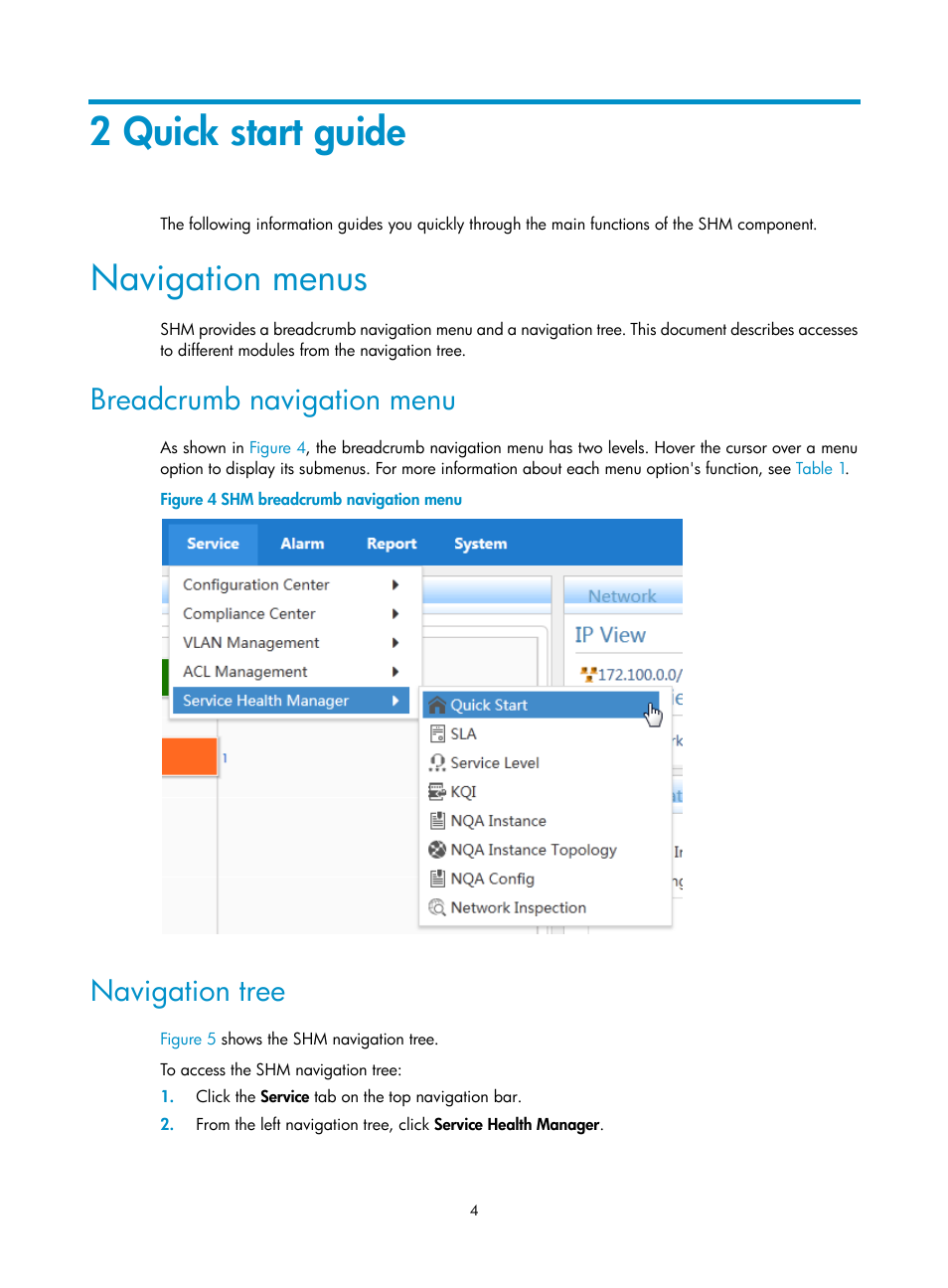 2 quick start guide, Navigation menus, Breadcrumb navigation menu | Navigation tree | H3C Technologies H3C Intelligent Management Center User Manual | Page 13 / 136