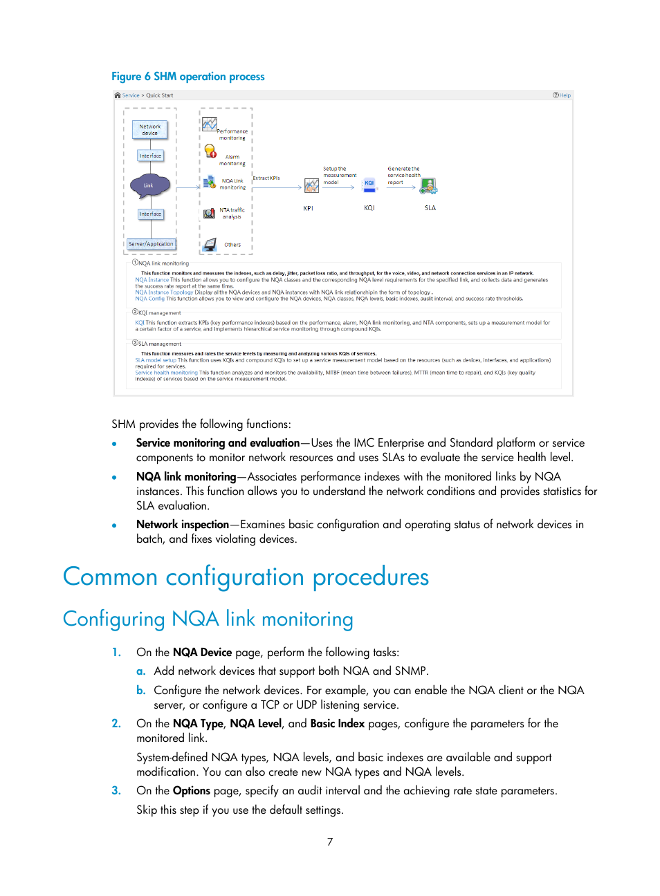 Common configuration procedures, Configuring nqa link monitoring | H3C Technologies H3C Intelligent Management Center User Manual | Page 16 / 136