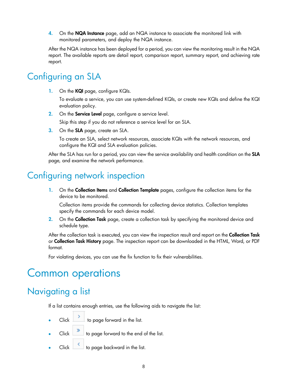 Configuring an sla, Configuring network inspection, Common operations | Navigating a list | H3C Technologies H3C Intelligent Management Center User Manual | Page 17 / 136