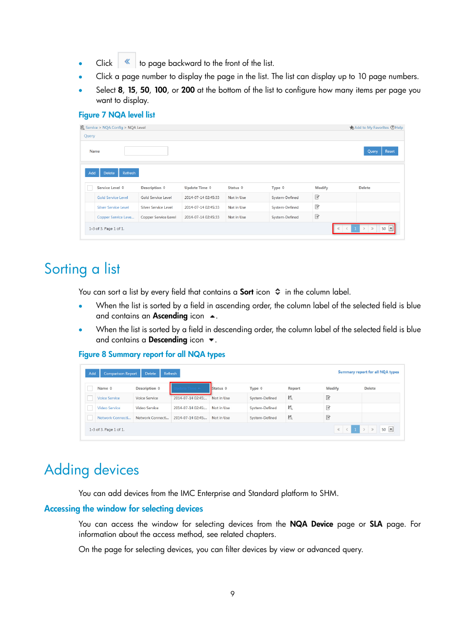 Sorting a list, Adding devices, Accessing the window for selecting devices | H3C Technologies H3C Intelligent Management Center User Manual | Page 18 / 136