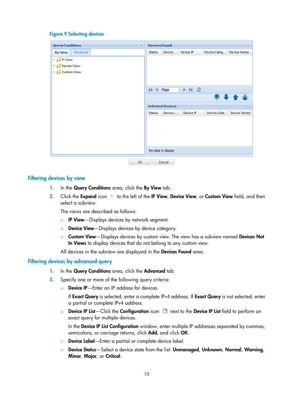 Filtering devices by view, Filtering devices by advanced query | H3C Technologies H3C Intelligent Management Center User Manual | Page 19 / 136