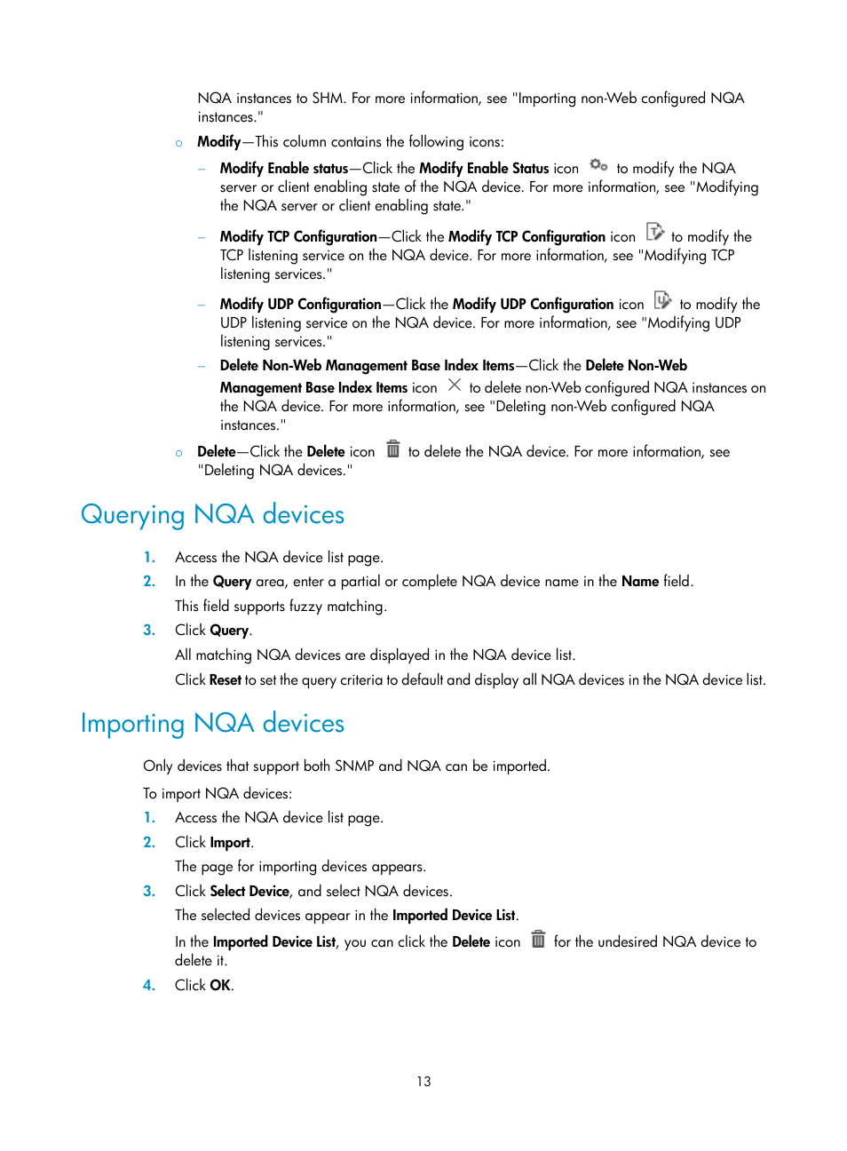 Querying nqa devices, Importing nqa devices | H3C Technologies H3C Intelligent Management Center User Manual | Page 22 / 136
