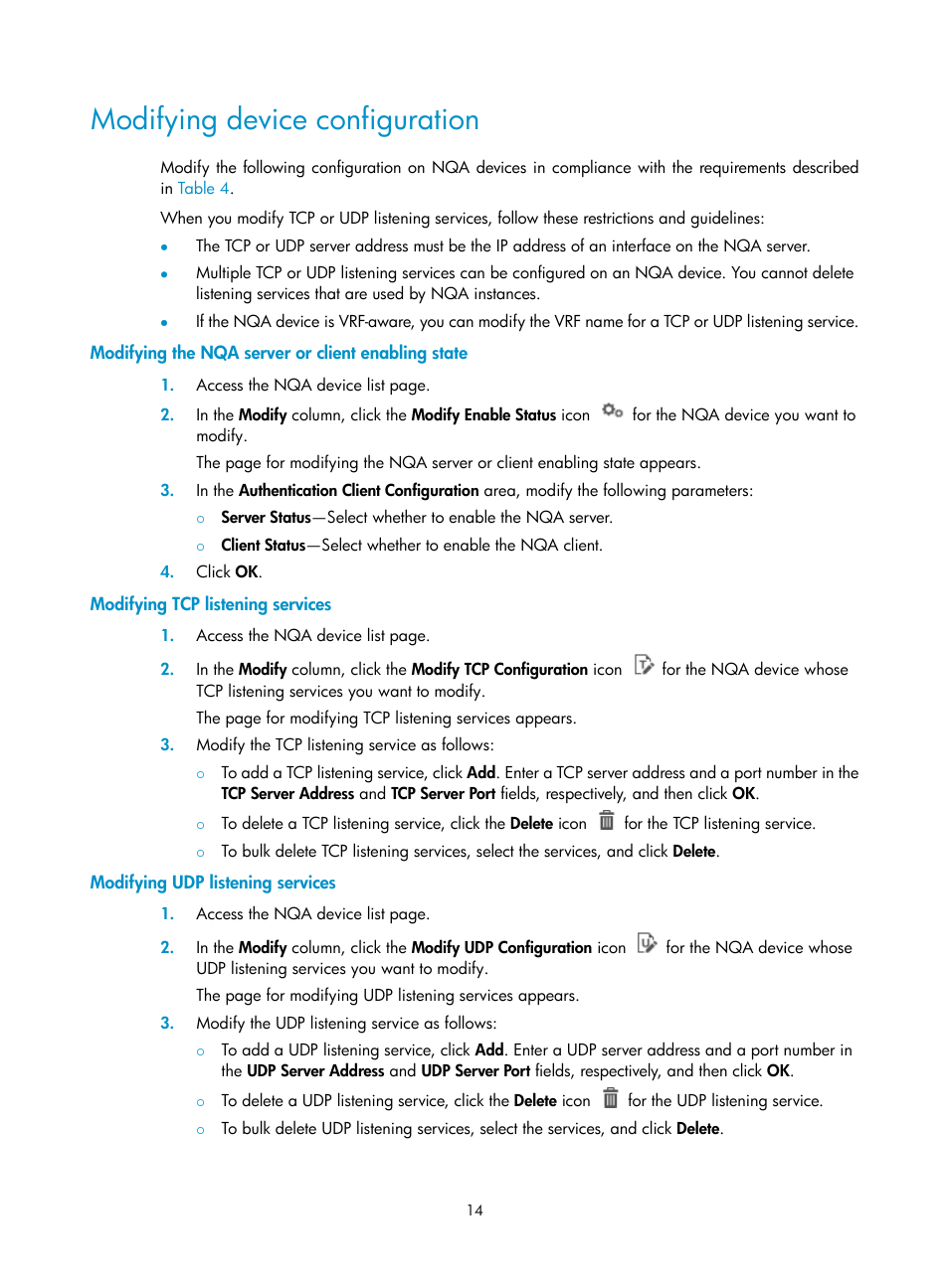 Modifying device configuration, Modifying the nqa server or client enabling state, Modifying tcp listening services | Modifying udp listening services, See "modifying, The nqa server or client enabling state, See "modifying udp, Listening services | H3C Technologies H3C Intelligent Management Center User Manual | Page 23 / 136