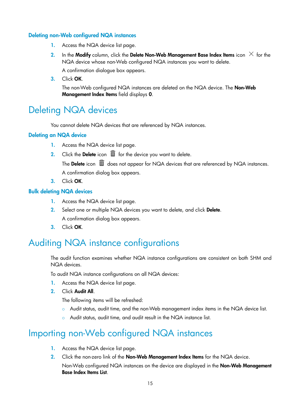 Deleting non-web configured nqa instances, Deleting nqa devices, Deleting an nqa device | Bulk deleting nqa devices, Auditing nqa instance configurations, Importing non-web configured nqa instances, Importing non-web configured nqa, Instances, Deleting non-web configured nqa | H3C Technologies H3C Intelligent Management Center User Manual | Page 24 / 136