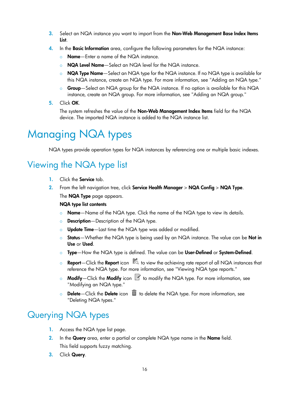 Managing nqa types, Viewing the nqa type list, Querying nqa types | H3C Technologies H3C Intelligent Management Center User Manual | Page 25 / 136