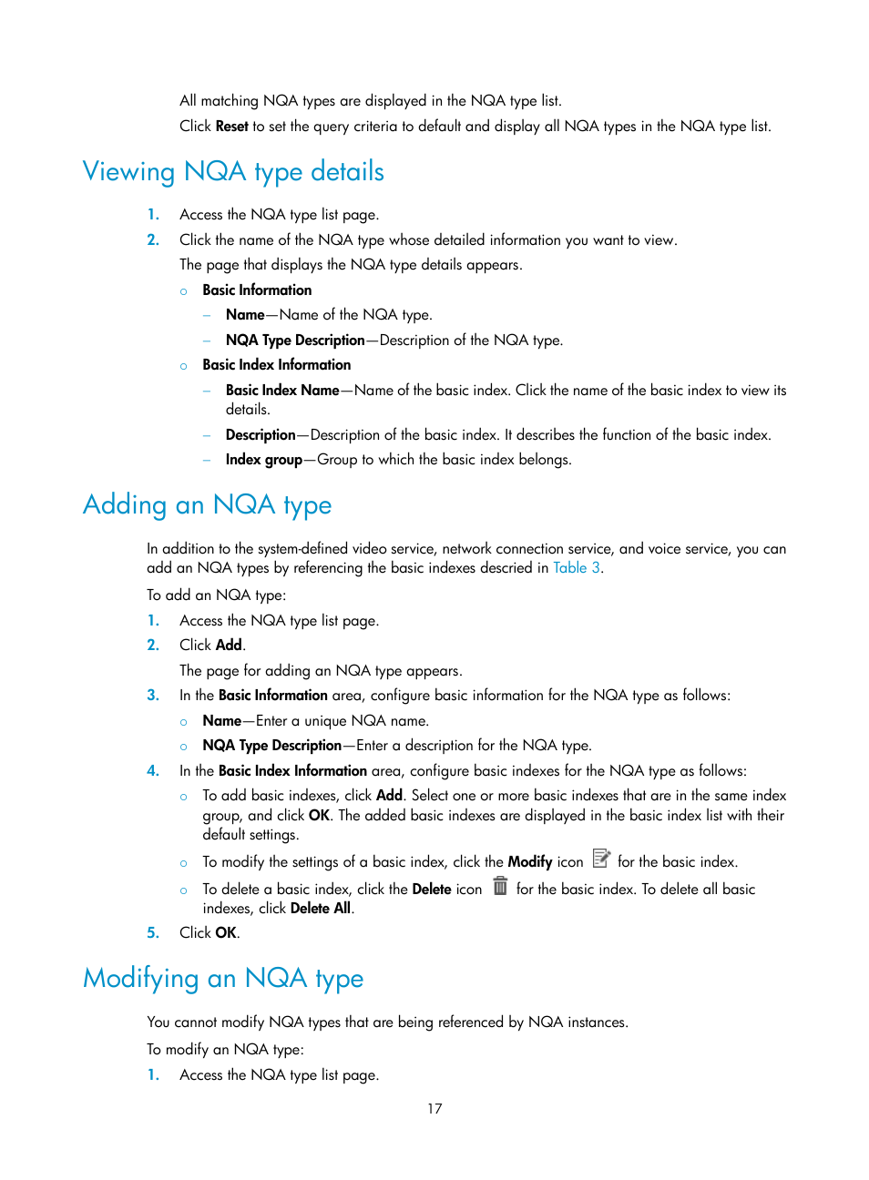 Viewing nqa type details, Adding an nqa type, Modifying an nqa type | H3C Technologies H3C Intelligent Management Center User Manual | Page 26 / 136