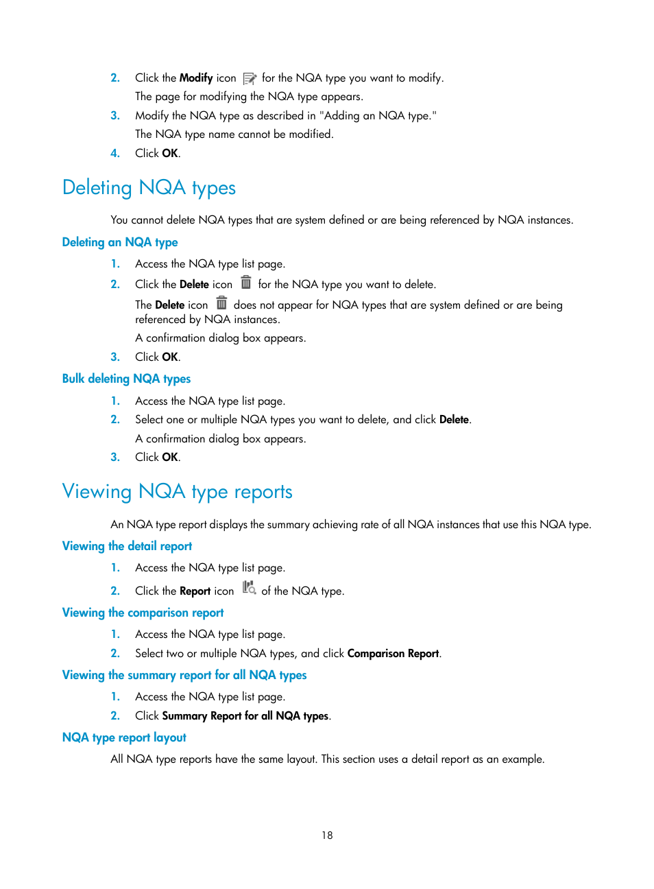 Deleting nqa types, Deleting an nqa type, Bulk deleting nqa types | Viewing nqa type reports, Viewing the detail report, Viewing the comparison report, Viewing the summary report for all nqa types, Nqa type report layout, Ee "viewing nqa type reports | H3C Technologies H3C Intelligent Management Center User Manual | Page 27 / 136