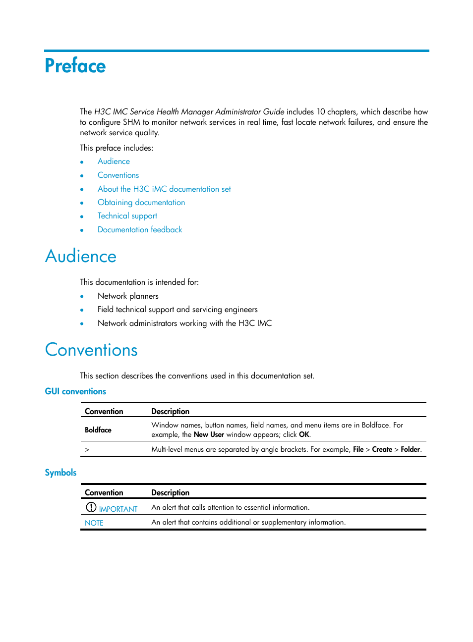 Preface, Audience, Conventions | H3C Technologies H3C Intelligent Management Center User Manual | Page 3 / 136