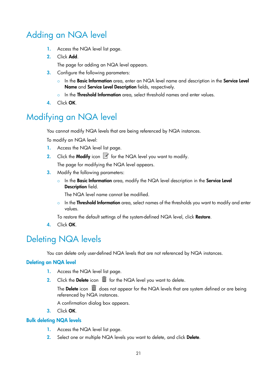 Adding an nqa level, Modifying an nqa level, Deleting nqa levels | Deleting an nqa level, Bulk deleting nqa levels | H3C Technologies H3C Intelligent Management Center User Manual | Page 30 / 136