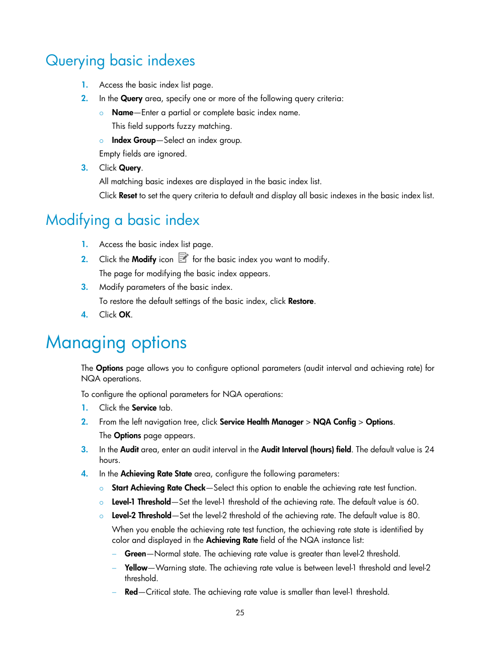 Querying basic indexes, Modifying a basic index, Managing options | H3C Technologies H3C Intelligent Management Center User Manual | Page 34 / 136