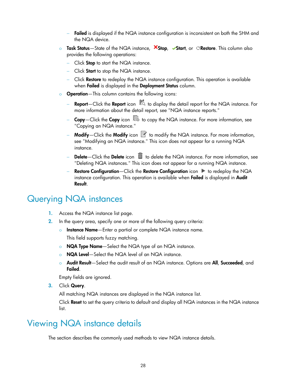 Querying nqa instances, Viewing nqa instance details | H3C Technologies H3C Intelligent Management Center User Manual | Page 37 / 136