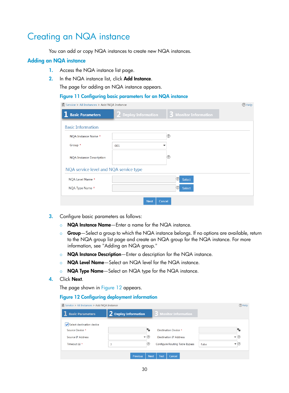 Creating an nqa instance, Adding an nqa instance | H3C Technologies H3C Intelligent Management Center User Manual | Page 39 / 136