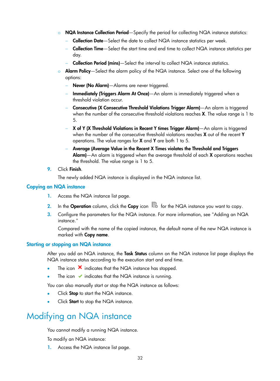 Copying an nqa instance, Starting or stopping an nqa instance, Modifying an nqa instance | H3C Technologies H3C Intelligent Management Center User Manual | Page 41 / 136