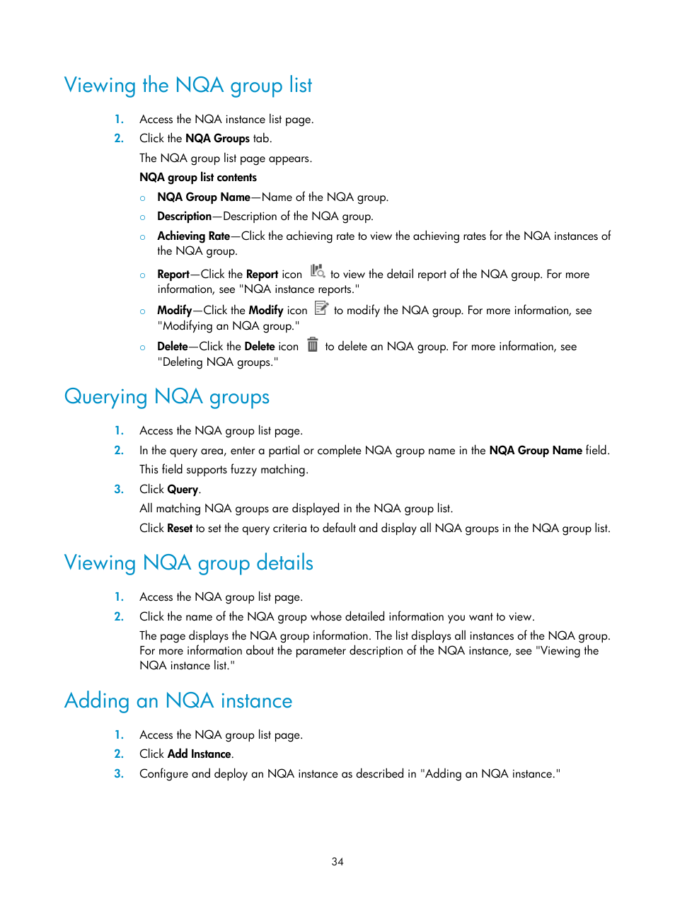 Viewing the nqa group list, Querying nqa groups, Viewing nqa group details | Adding an nqa instance | H3C Technologies H3C Intelligent Management Center User Manual | Page 43 / 136