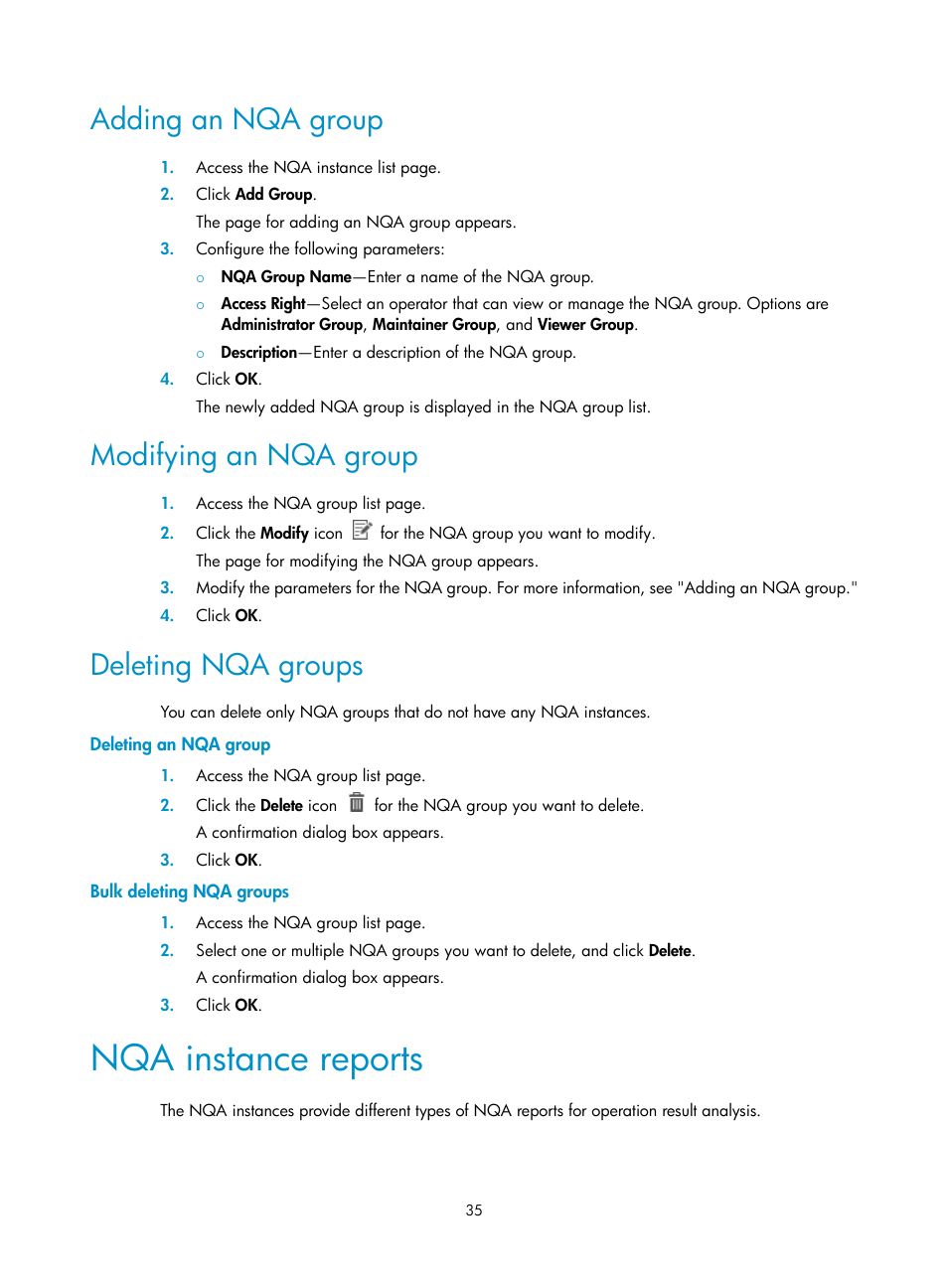 Adding an nqa group, Modifying an nqa group, Deleting nqa groups | Deleting an nqa group, Bulk deleting nqa groups, Nqa instance reports, See "adding an nqa group | H3C Technologies H3C Intelligent Management Center User Manual | Page 44 / 136