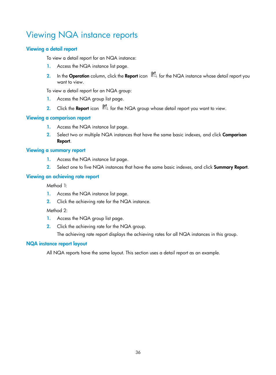Viewing nqa instance reports, Viewing a detail report, Viewing a comparison report | Viewing a summary report, Viewing an achieving rate report, Nqa instance report layout | H3C Technologies H3C Intelligent Management Center User Manual | Page 45 / 136