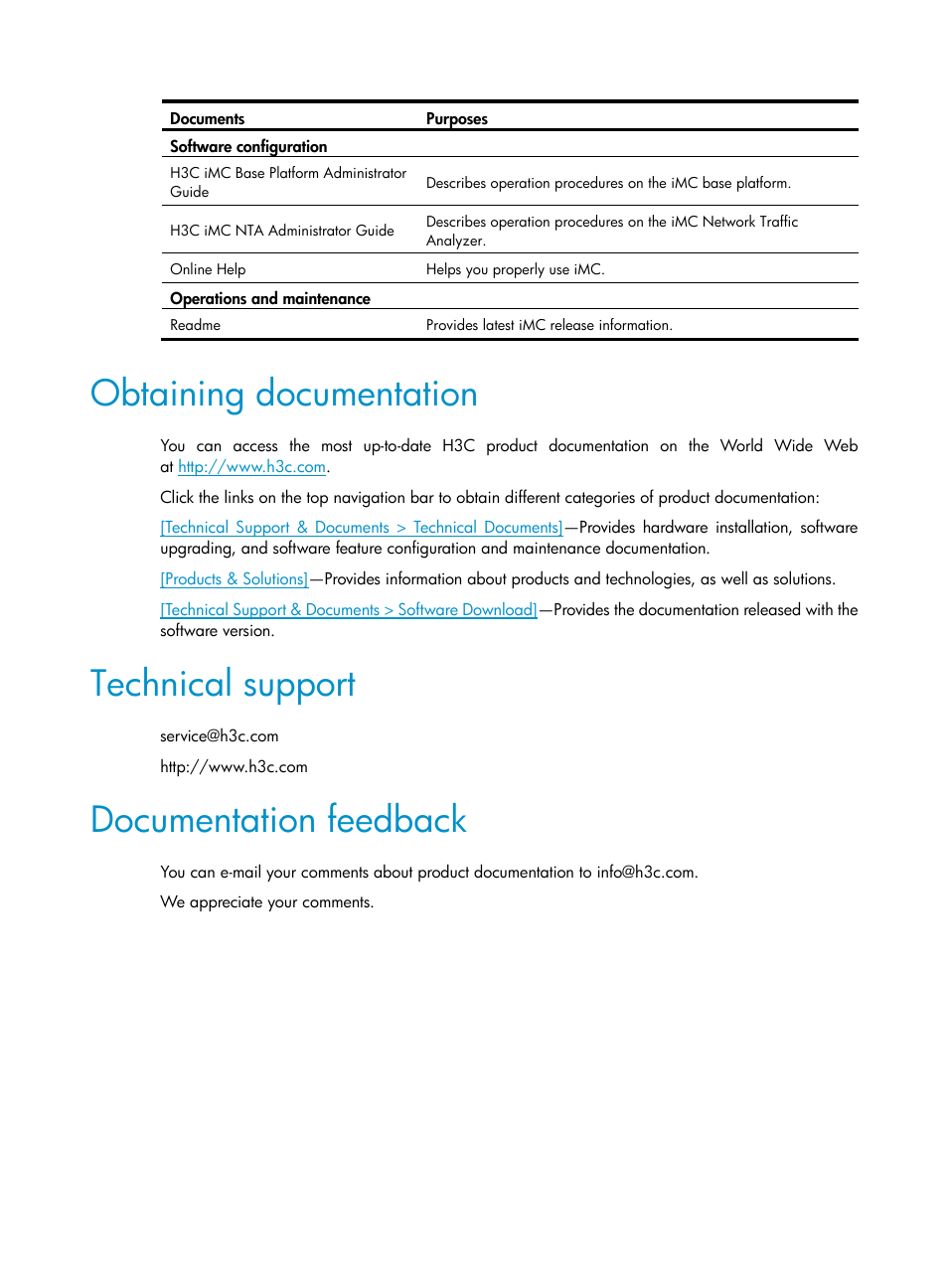Obtaining documentation, Technical support, Documentation feedback | H3C Technologies H3C Intelligent Management Center User Manual | Page 5 / 136