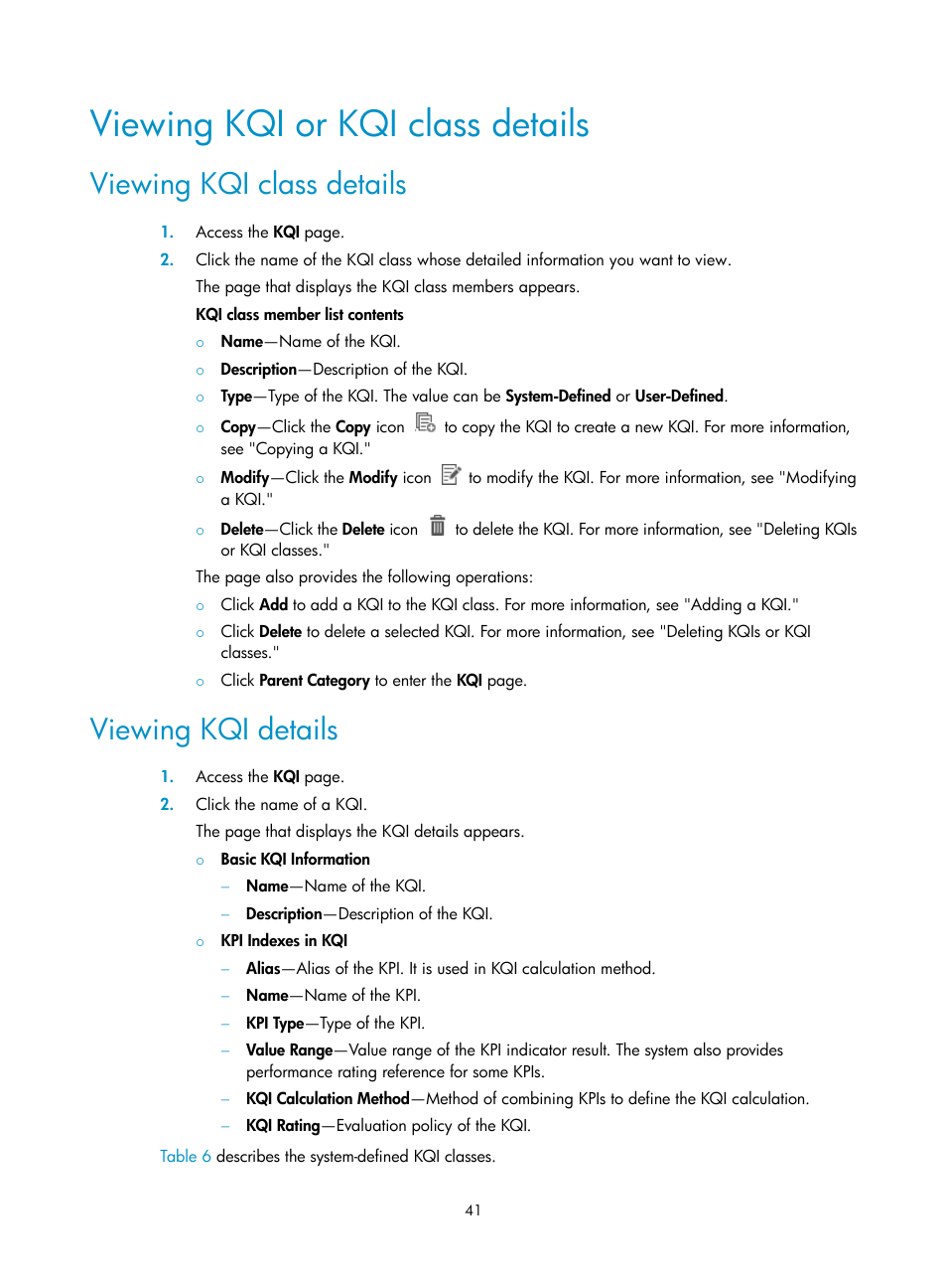 Viewing kqi or kqi class details, Viewing kqi class details, Viewing kqi details | H3C Technologies H3C Intelligent Management Center User Manual | Page 50 / 136