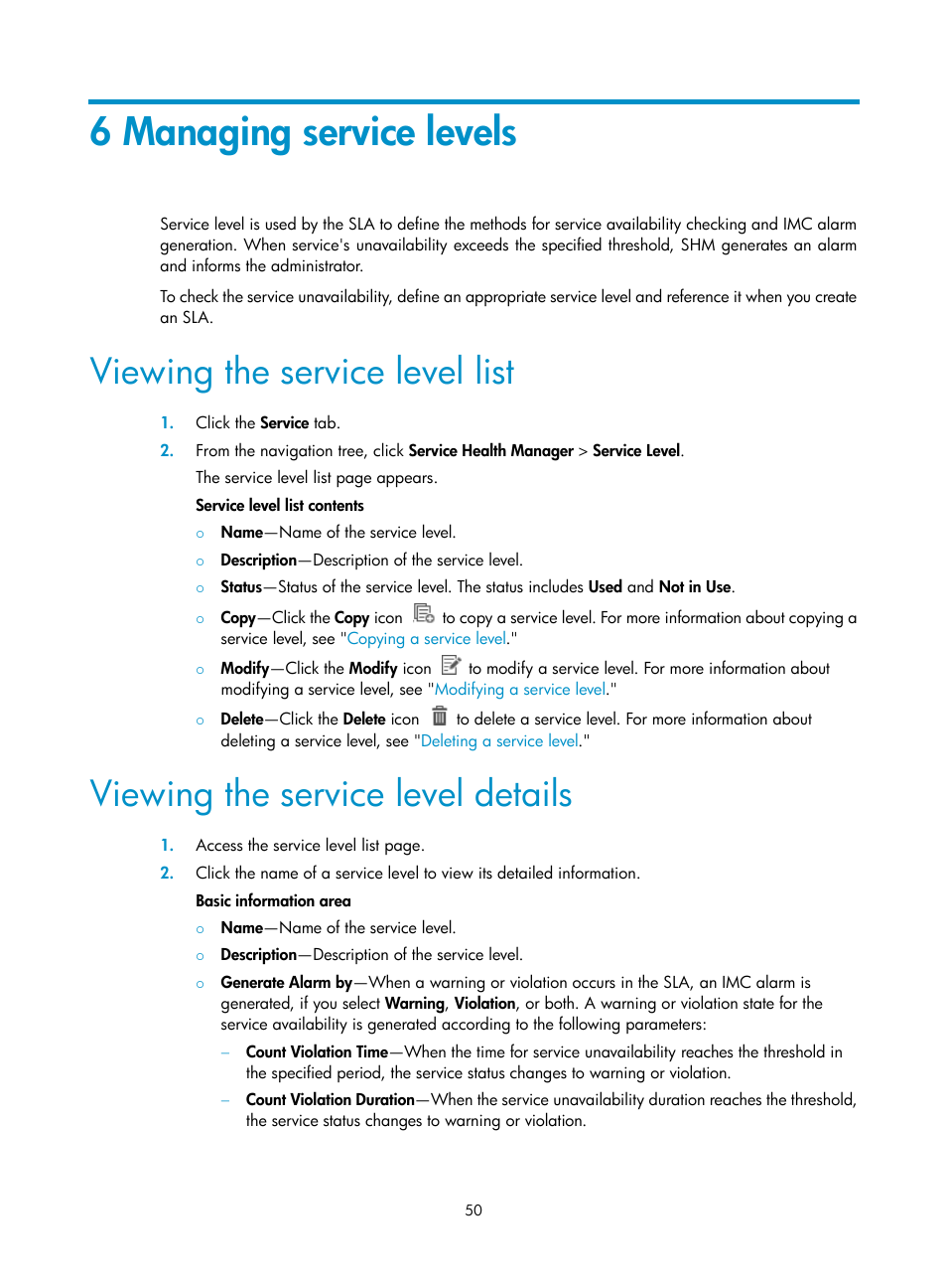 6 managing service levels, Viewing the service level list, Viewing the service level details | H3C Technologies H3C Intelligent Management Center User Manual | Page 59 / 136