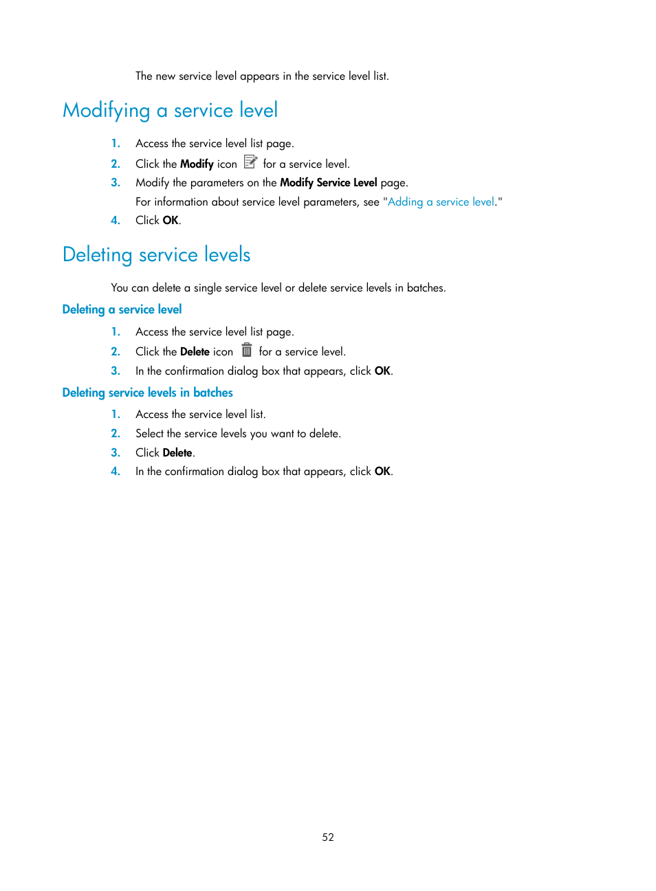 Modifying a service level, Deleting service levels, Deleting a service level | Deleting service levels in batches | H3C Technologies H3C Intelligent Management Center User Manual | Page 61 / 136