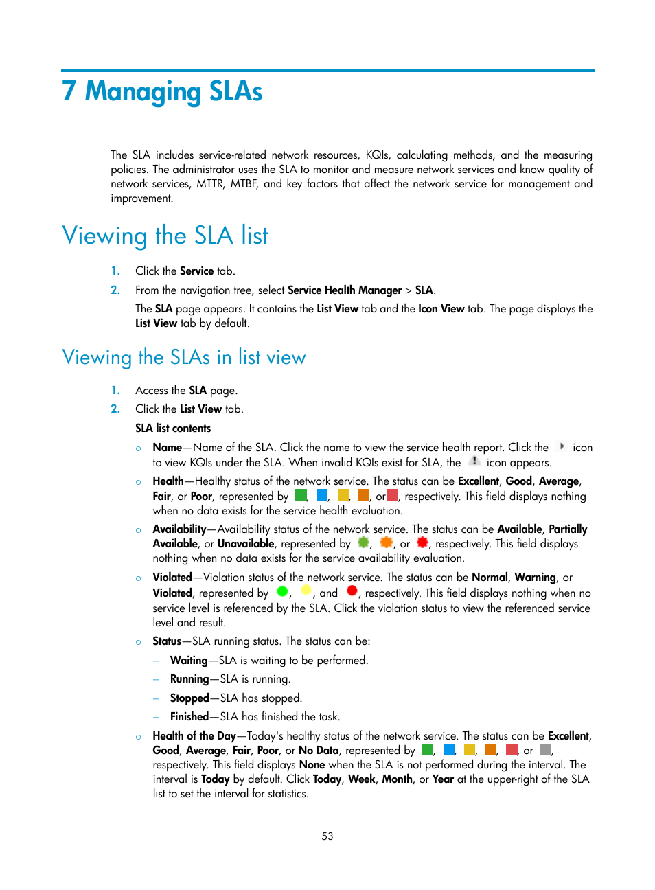 7 managing slas, Viewing the sla list, Viewing the slas in list view | H3C Technologies H3C Intelligent Management Center User Manual | Page 62 / 136