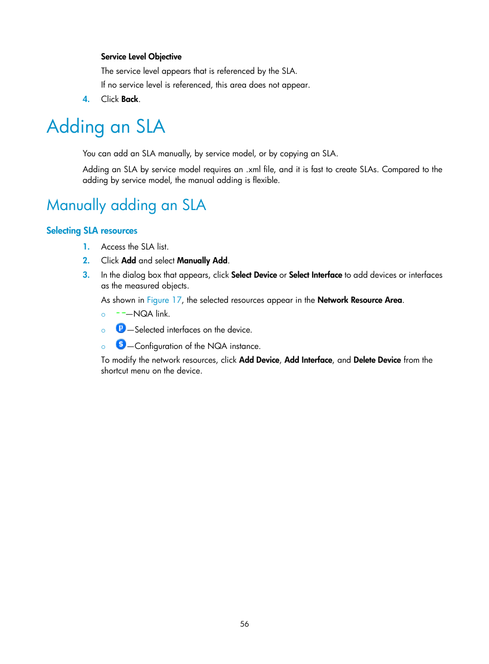 Adding an sla, Manually adding an sla, Selecting sla resources | H3C Technologies H3C Intelligent Management Center User Manual | Page 65 / 136