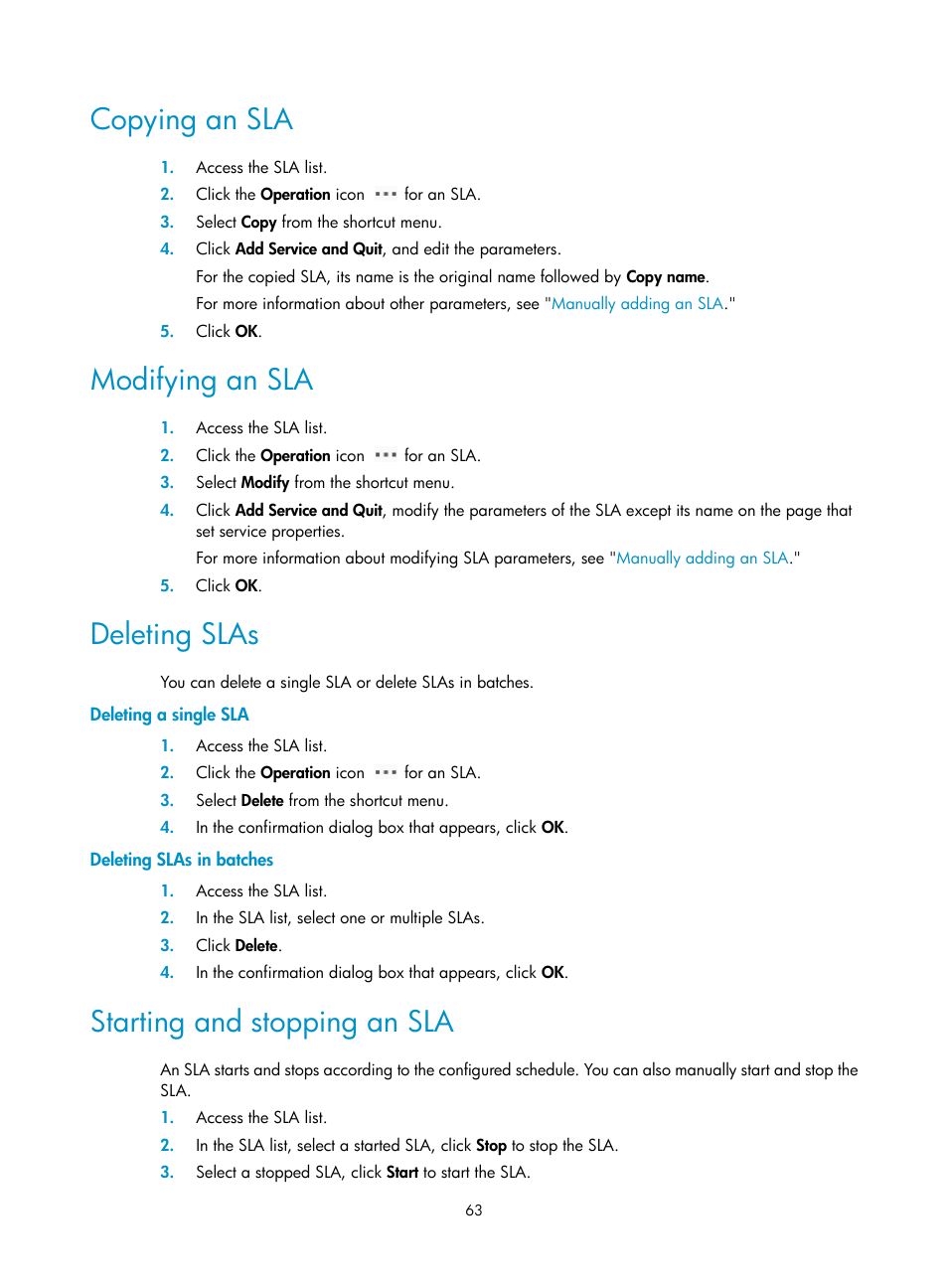 Copying an sla, Modifying an sla, Deleting slas | Deleting a single sla, Deleting slas in batches, Starting and stopping an sla | H3C Technologies H3C Intelligent Management Center User Manual | Page 72 / 136