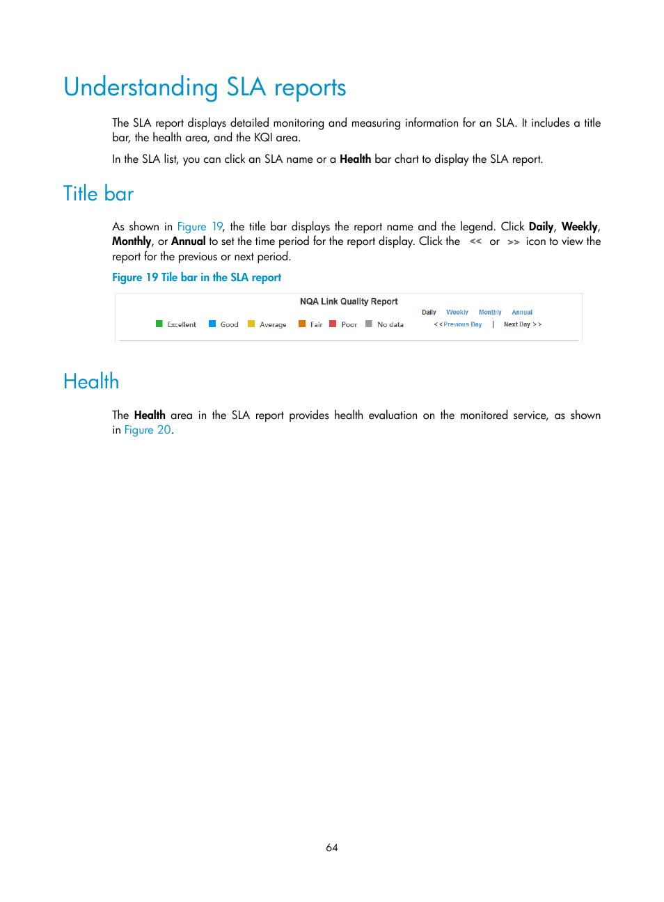 Understanding sla reports, Title bar, Health | H3C Technologies H3C Intelligent Management Center User Manual | Page 73 / 136