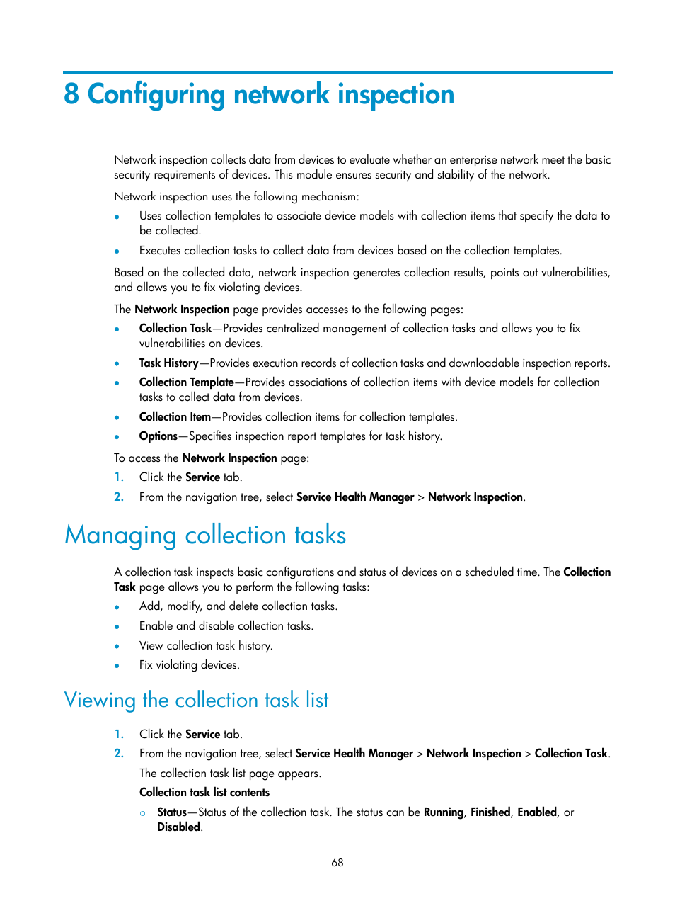 8 configuring network inspection, Managing collection tasks, Viewing the collection task list | H3C Technologies H3C Intelligent Management Center User Manual | Page 77 / 136