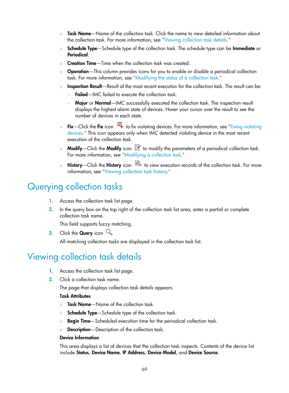 Querying collection tasks, Viewing collection task details | H3C Technologies H3C Intelligent Management Center User Manual | Page 78 / 136