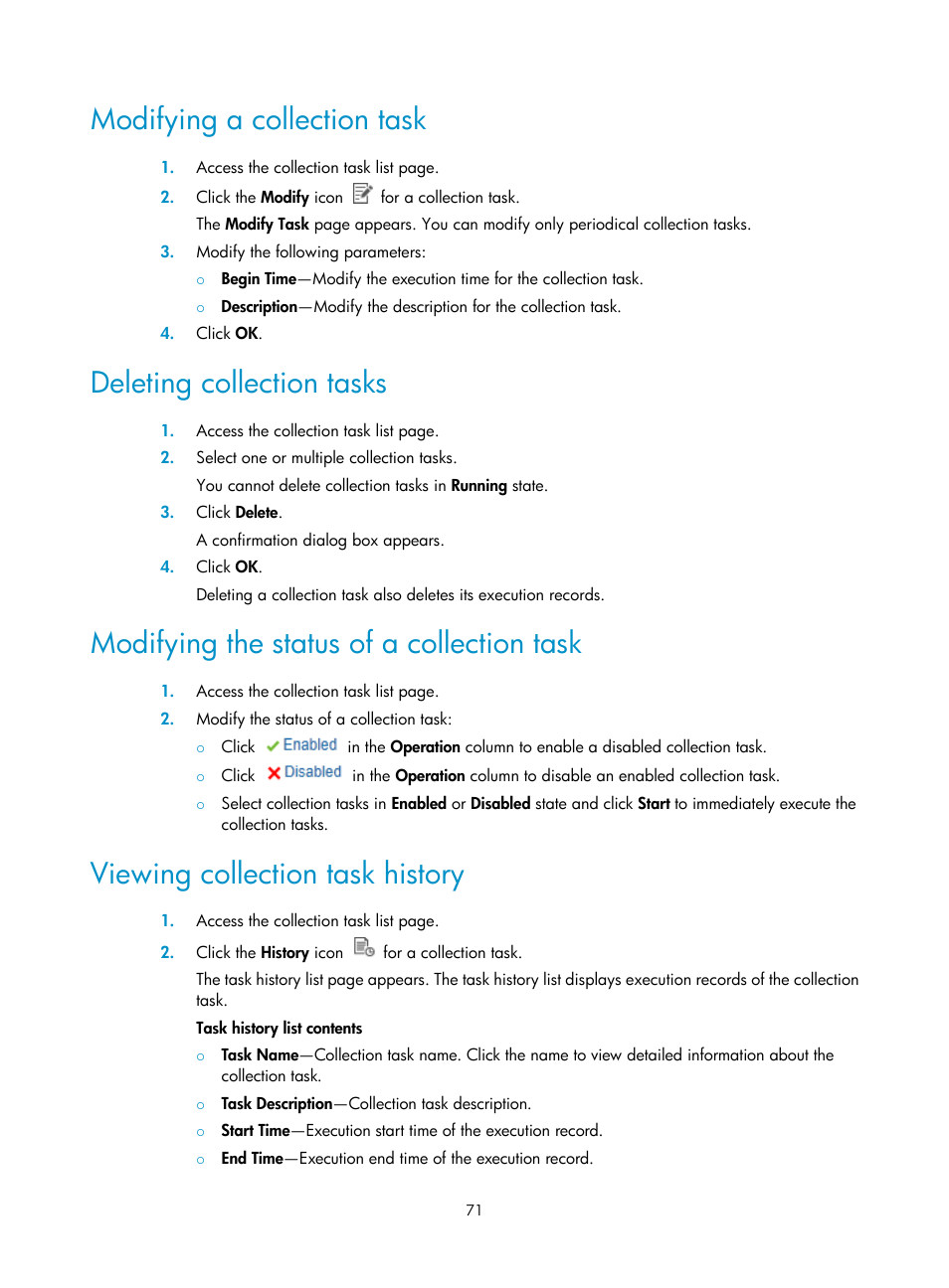Modifying a collection task, Deleting collection tasks, Modifying the status of a collection task | Viewing collection task history | H3C Technologies H3C Intelligent Management Center User Manual | Page 80 / 136
