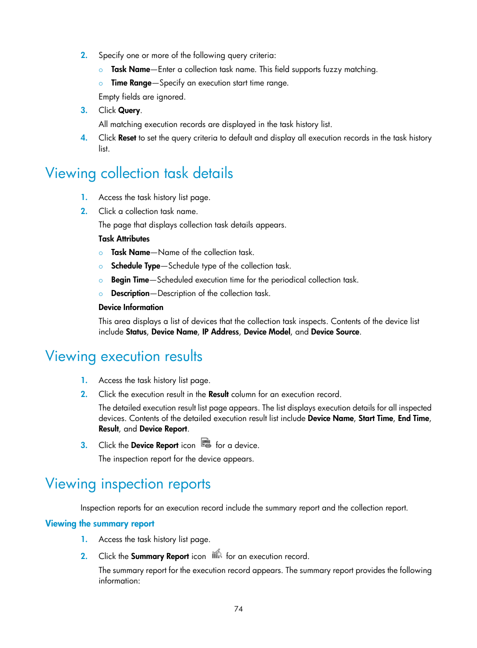 Viewing collection task details, Viewing execution results, Viewing inspection reports | Viewing the summary report, Rt, see, Viewing, Inspection reports | H3C Technologies H3C Intelligent Management Center User Manual | Page 83 / 136