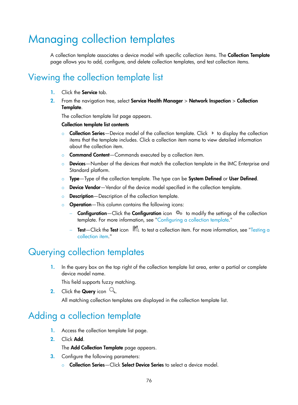 Managing collection templates, Viewing the collection template list, Querying collection templates | Adding a collection template | H3C Technologies H3C Intelligent Management Center User Manual | Page 85 / 136
