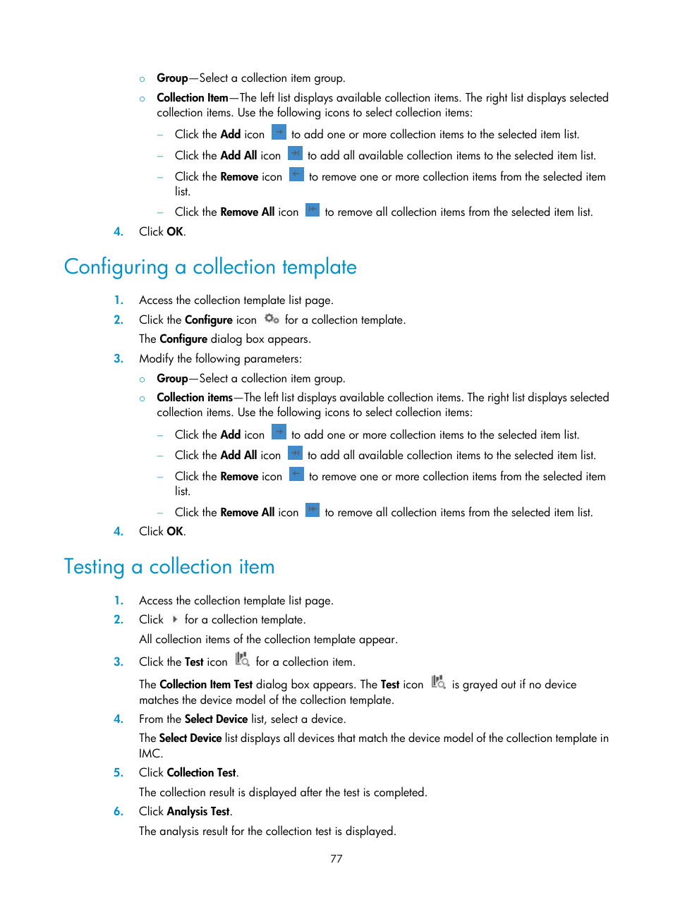 Configuring a collection template, Testing a collection item, Testing a | Collection item | H3C Technologies H3C Intelligent Management Center User Manual | Page 86 / 136