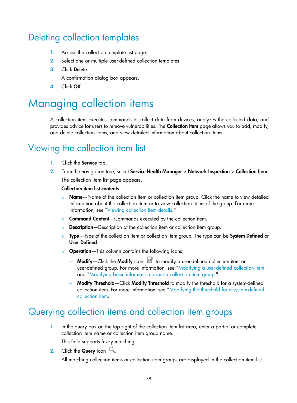 Deleting collection templates, Managing collection items, Viewing the collection item list | H3C Technologies H3C Intelligent Management Center User Manual | Page 87 / 136