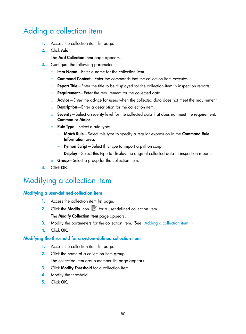 Adding a collection item, Modifying a collection item, Modifying a user-defined collection item | Modifying the threshold for a system-defined, Collection item | H3C Technologies H3C Intelligent Management Center User Manual | Page 89 / 136
