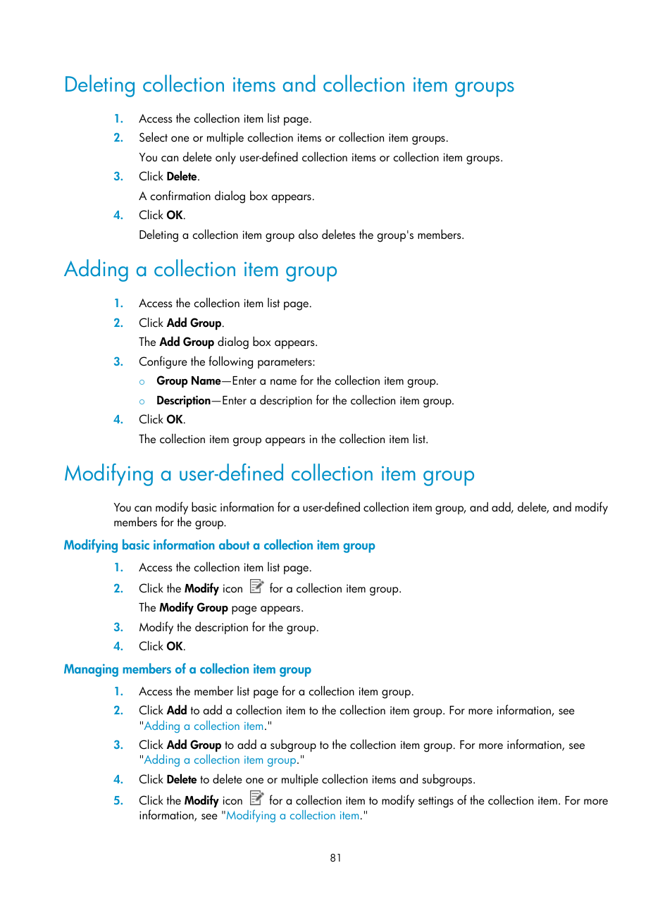Adding a collection item group, Modifying a user-defined collection item group, Managing members of a collection item group | Modifying, Basic information about a collection item group | H3C Technologies H3C Intelligent Management Center User Manual | Page 90 / 136