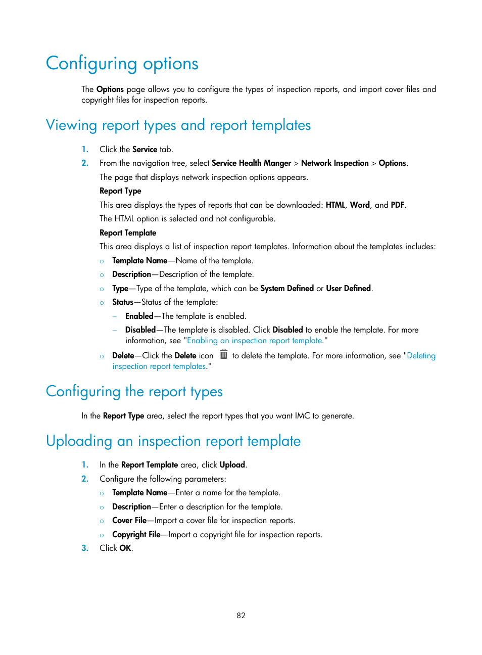 Configuring options, Viewing report types and report templates, Configuring the report types | Uploading an inspection report template | H3C Technologies H3C Intelligent Management Center User Manual | Page 91 / 136